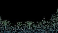Medical healthcare icons pattern on black background with heartbeat line, stethoscope, pills, syringe elements for hospital design projects.