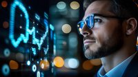 Caucasian businessman in glasses analyzing digital stock market data and financial charts on futuristic virtual screen with bokeh light background.