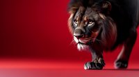Majestic lion with flowing mane in dramatic red lighting showcasing power and strength for wildlife photography and animal portraits.