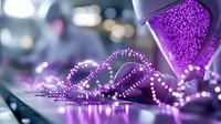 Purple glowing ribbon with sparkling lights and bokeh effect creates magical festive atmosphere, soft focus decorative elements for holiday design.