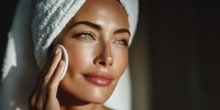Young woman with glowing skin touching face after skincare routine, wearing white towel headwrap in natural sunlight for beauty and wellness concepts.