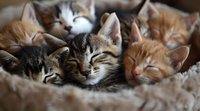 Adorable sleepy kittens cuddling together in soft cozy bed. Tabby and ginger cats napping in warm fuzzy blanket, showcasing pet comfort and companionship.