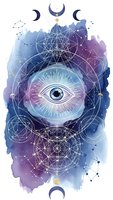 Mystical all-seeing eye with sacred geometry symbols, moon phases and constellation patterns on cosmic watercolor background for spiritual design.