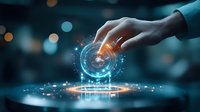 Futuristic hand touching holographic interface with glowing circles and digital elements against dark background with bokeh lights. Technology concept.