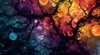 Abstract colorful liquid art with floating bubbles in dark background featuring vibrant teal, purple, orange and yellow gradient colors creating ethereal effect.
