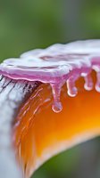 Macro photography of water droplets falling from pink and orange petals, creating crystalline formations with delicate liquid trails against blurred green background.