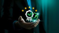 Businessman hand presenting GDPR compliance concept with green checkmark and EU stars on dark teal background for data protection regulations.