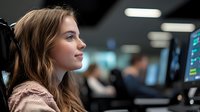 Young Caucasian woman with long brown hair in pink sweater looking at computer monitor in dark office environment, side profile view against blurred background.
