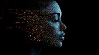 Digital profile composed of glowing blue particles dissolving into darkness, representing artificial intelligence and technological transformation in modern era.
