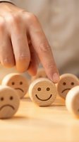 Hand pointing to a wooden smiley face block among sad face blocks, symbolizing positive choice, customer satisfaction, and mental wellness concept.