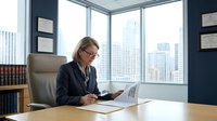 Middle-aged woman with light skin tone and blonde hair wearing business attire and eyeglasses, working at wooden desk with tablet in modern high-rise office with city skyline view through floor-to-ceiling windows, suitable for corporate, business, and professional concepts.