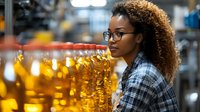 Young African American woman with curly hair and glasses in plaid shirt examining beer bottles on production line at craft brewery. Quality control specialist at work.