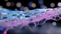 Macro photography of water droplets on delicate pink and blue surface creating abstract pattern with bokeh effect in background, showing nature's artistic detail.
