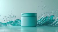 Turquoise cosmetic cream jar with dynamic water splash effect against aqua background, showcasing skincare product packaging for beauty industry.