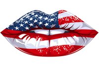 Glossy sensual lips painted in American flag pattern with stars and stripes design, perfect for patriotic themes, beauty concepts and holiday decorations. Isolated on white background.
