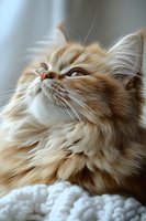 Close-up portrait of ginger Persian cat with long fluffy fur looking up while resting on white knitted blanket. Soft natural lighting creates dreamy atmosphere.