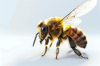 Detailed macro view of honey bee with visible wings, legs, and segments against light background, showing intricate body structure and distinctive black and yellow coloring.
