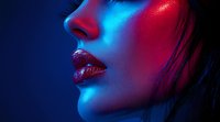 Close-up profile of woman's face with glossy red lips illuminated by vibrant neon blue and red lighting creating dramatic contrast and mysterious atmosphere.