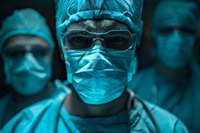 Medical team in surgical masks and protective gear during operation, dramatic teal lighting creates intense atmosphere in operating room. Focus on central surgeon.