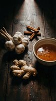 Garlic bulbs, fresh ginger root, cinnamon sticks, and honey in ceramic bowl arranged on dark wooden surface for culinary, wellness, and cooking content.
