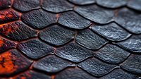 Dark textured scales with glowing orange light between them create dramatic pattern. Macro photography reveals detailed surface structure and mysterious illumination effect.