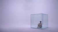 Young woman sitting inside transparent glass cube on purple gradient background representing isolation, confinement, or mental health concepts.