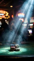 Casino poker chips on green felt table with dramatic lighting and smoke atmosphere in gambling hall for entertainment and gaming concepts.