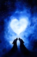 Silhouettes of two wolves howling at heart-shaped moon in night sky with stars and blue mystical clouds, romantic fantasy nature scene for Valentine designs.