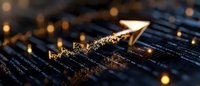 Glowing upward arrow trend on dark digital surface with golden bokeh lights and data visualization elements creating futuristic financial market concept.