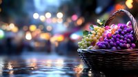 Wicker basket filled with fresh colorful grapes on wooden surface with blurred city lights bokeh background for harvest and food photography.