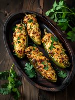 Stuffed jalapeno peppers with melted cheese and herbs garnished with fresh cilantro served in dark oval dish on wooden background. Spicy appetizer recipe.