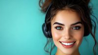 Young Mediterranean woman with bright smile wearing wireless headphones against turquoise background, casual lifestyle portrait showing joy and confidence.