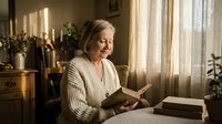 Senior Caucasian woman reading book in cozy sunlit living room with warm natural light streaming through curtains creating peaceful retirement moment.