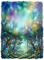 Enchanted forest pathway with gnarled trees, glowing magical lights, and lush undergrowth beneath a dreamy watercolor sky in blues, purples, and golds. Fantasy woodland scene.