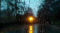 Glowing street light through wet window glass with rain drops creating bokeh effect. Dark moody evening atmosphere with water streaks and reflections.