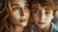Young Caucasian mother and daughter with striking blue eyes and wavy brown hair share intimate close-up moment, showcasing natural beauty and family connection.