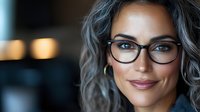 Professional businesswoman with glasses smiling confidently in modern office environment. Corporate headshot for marketing materials and business presentations.