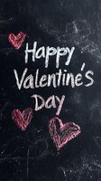 Happy Valentine's Day message written in chalk on dark background with pink heart drawings. Romantic holiday greeting on blackboard with textured surface.