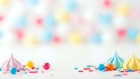 Colorful birthday party background with striped party hats, confetti and festive decorations on white surface for celebration events and holiday designs.