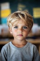Young child with bright blue eyes and blonde tousled hair wearing gray t-shirt gazes directly at camera with innocent expression against blurred classroom background.