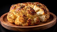 Golden roasted whole cauliflower with crispy seasoned crust on wooden serving plate against dark background for healthy cooking and vegetarian recipes.