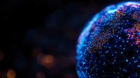 Glowing digital globe with blue and orange particle effects against dark background, representing global technology network and data visualization concept.