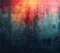 Abstract textured painting with dramatic color transition from fiery orange and red at top to deep turquoise and navy blue below, perfect for modern interior design and emotional art projects.