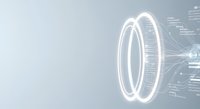 Glowing neon circular rings with digital data streams and circuit patterns on light background, representing technology, innovation, and digital transformation concepts.