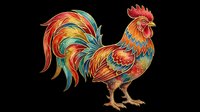 Colorful ornate rooster with vibrant red, blue, and gold feathers, isolated on transparent background. Ready for t-shirt design, stickers, sublimation, and print on demand.