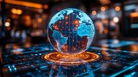 Glowing holographic Earth globe floating over digital circuit with orange and blue technology elements against dark background with bokeh lights.