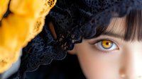 Close-up portrait of young woman with striking amber eyes partially hidden behind black lace veil and yellow flower, creating mysterious dramatic contrast.