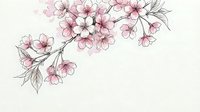 Delicate pink cherry blossom branch with soft watercolor petals and gray leaves on light background for spring designs and feminine projects.