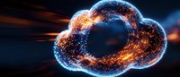 Glowing digital cloud shape with orange and blue light particles streaming through wireframe mesh structure against dark background for cloud computing concept.