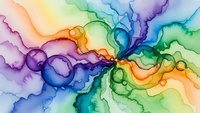 Vibrant watercolor abstract with flowing rainbow gradients and organic bubble shapes creating dynamic movement across the composition.